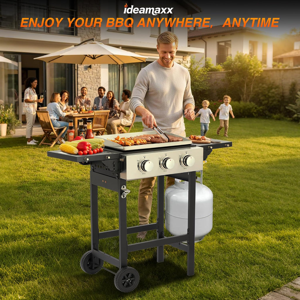3 Burner Propane Flat Top Grill, 18 Inch Stainless Steel Griddle with Detachable Tabletop & Cart, BBQ Cooker with Side Shelf & 2 Wheels, 28,650 BTU, Dust Cover & Hose for Camping Tailgating
