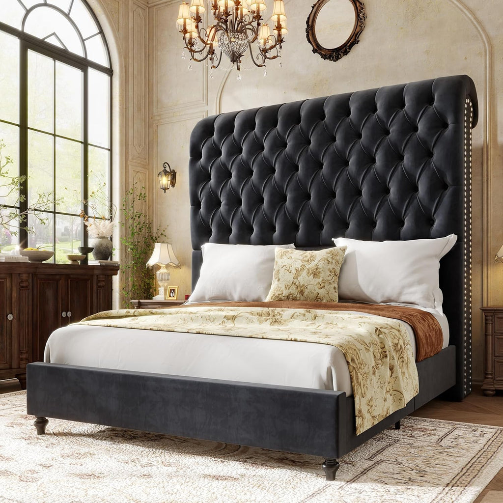 Jocisland King Size Bed Frame with 59' Tall Upholstered Headboard, Luxury Velvet Bed with Handcrafted Deep-Tufted Design and Solid Wood Legs, Noise-Free, No Box Spring Needed,Black
