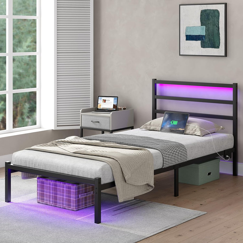CollaredEagle Twin Size Bed Frame with Headboard, Metal Platform Bed Frame with LED, Charging Station, No Box Spring Needed, Easy Assembly, Noise Free, Black