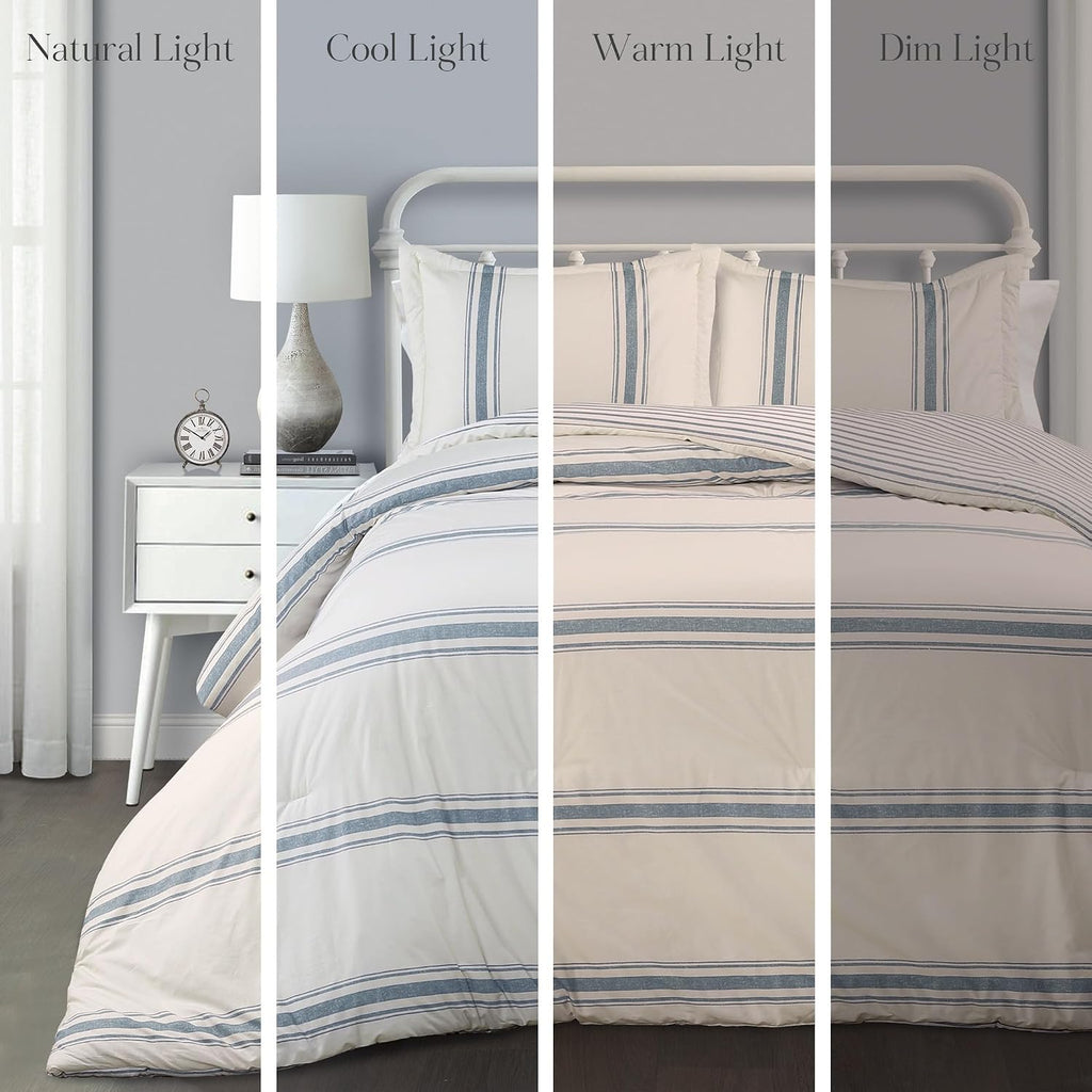 Lush Decor Farmhouse Stripe Reversible Cotton Comforter Set, 3 Piece Set, Full/ Queen, Blue - Cozy F𝐚rmhouse Bedding Set - Rustic Decor - Striped Comforter - Modern Farmho𝐮se Bedroom Decor
