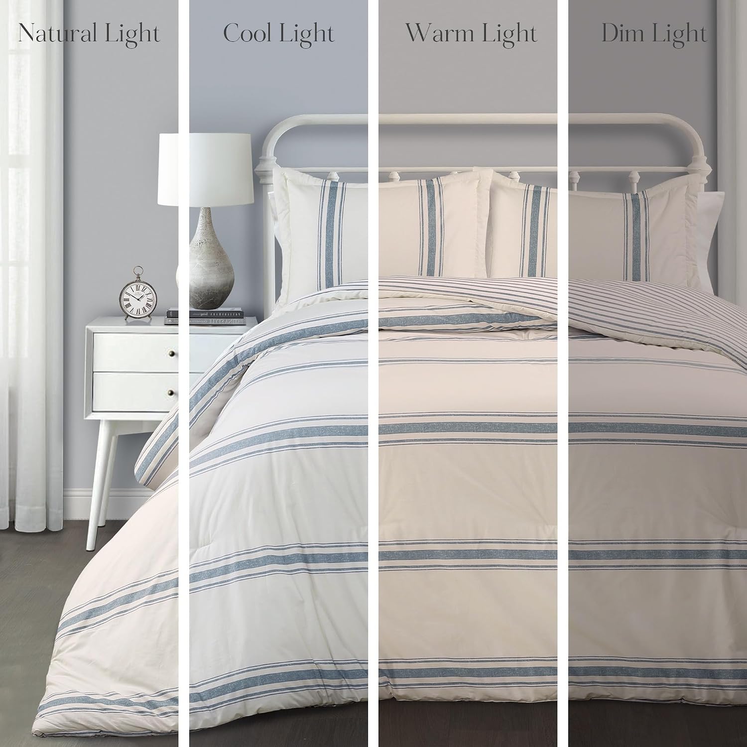 Lush Decor Farmhouse Stripe Reversible Cotton Comforter Set, 3 Piece Set, King, Blue - Cozy Farmhouse Bedding Set - Rustic Decor - Striped Comforter - Modern Farmhouse Bedroom Decor