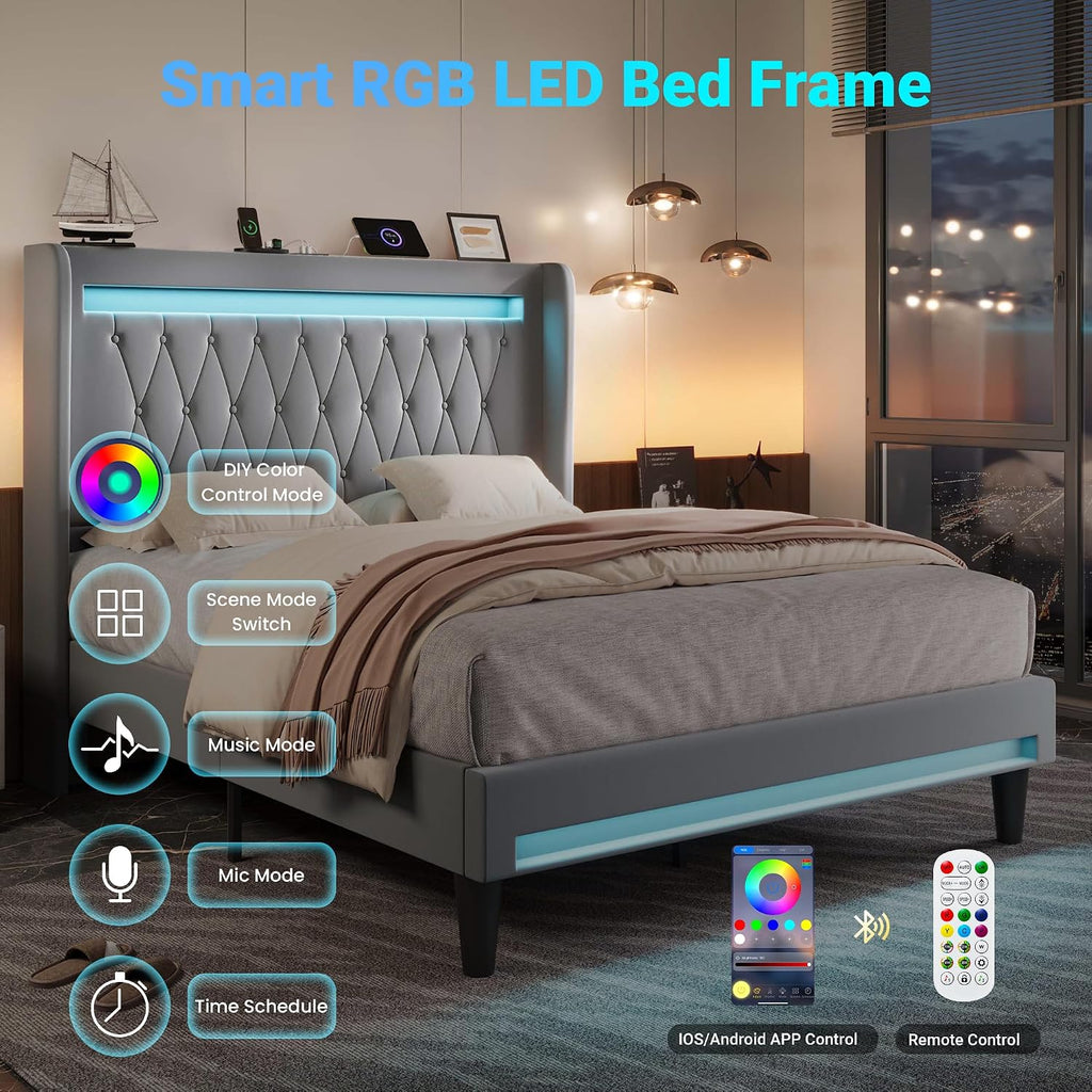 Allewie Upholstered Queen Size Platform Bed Frame with LED Light and Charging Station, Button Tufted High Headboard, Wingback Design, Noise Free, Easy Assembly, No Box Spring Needed, Grey