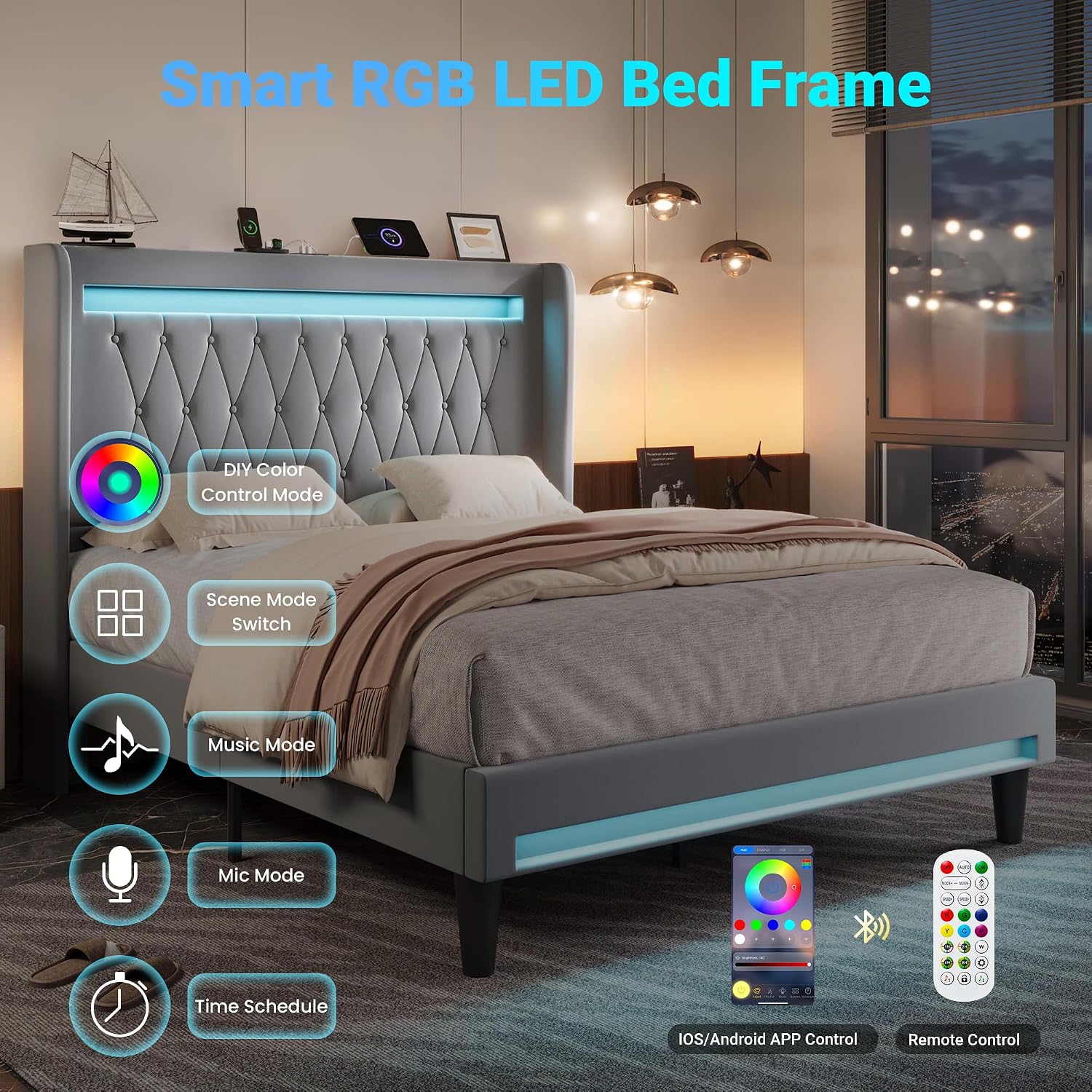 Allewie Upholstered Queen Size Platform Bed Frame with LED Light and Charging Station, Button Tufted High Headboard, Wingback Design, Noise Free, Easy Assembly, No Box Spring Needed, Grey
