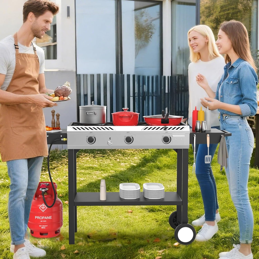 Bonnlo 3 Burner Propane Stove with Inginition, 225000BTU Gas Stove with Side Table Storage Shelf and Portable Rolling Wheels, Gas Burner for Outdoor Camping Patio Backyard Cooking Boiling Frying