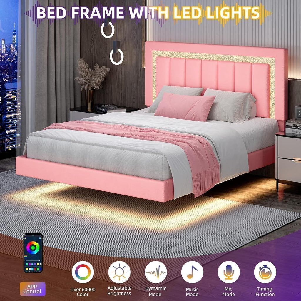 HOMBCK Floating Bed Frame Full with Smart LED Lights, Faux Leather Upholstered Platform Bed with Diamond PU Headboard, No Box Spring Needed, Noise-Free, Easy Assembly, Pink