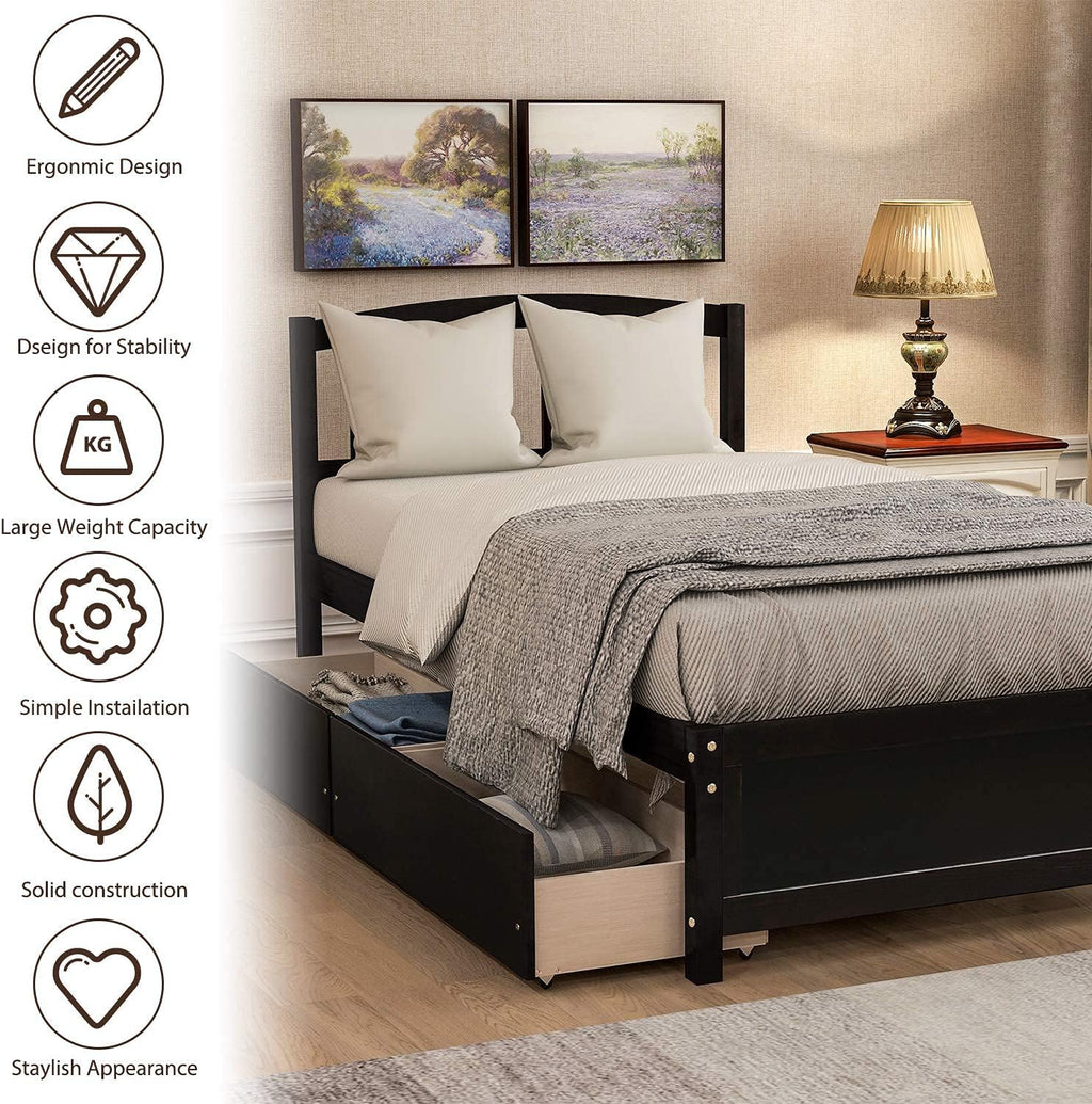 Harper & Bright Designs Wood Twin Size Platform Bed with Storage Drawers and Headboard for Saving Space, Vintage Bed Frame for Kids Boys Girls, No Box Spring Needed, Space Saving, Espresso