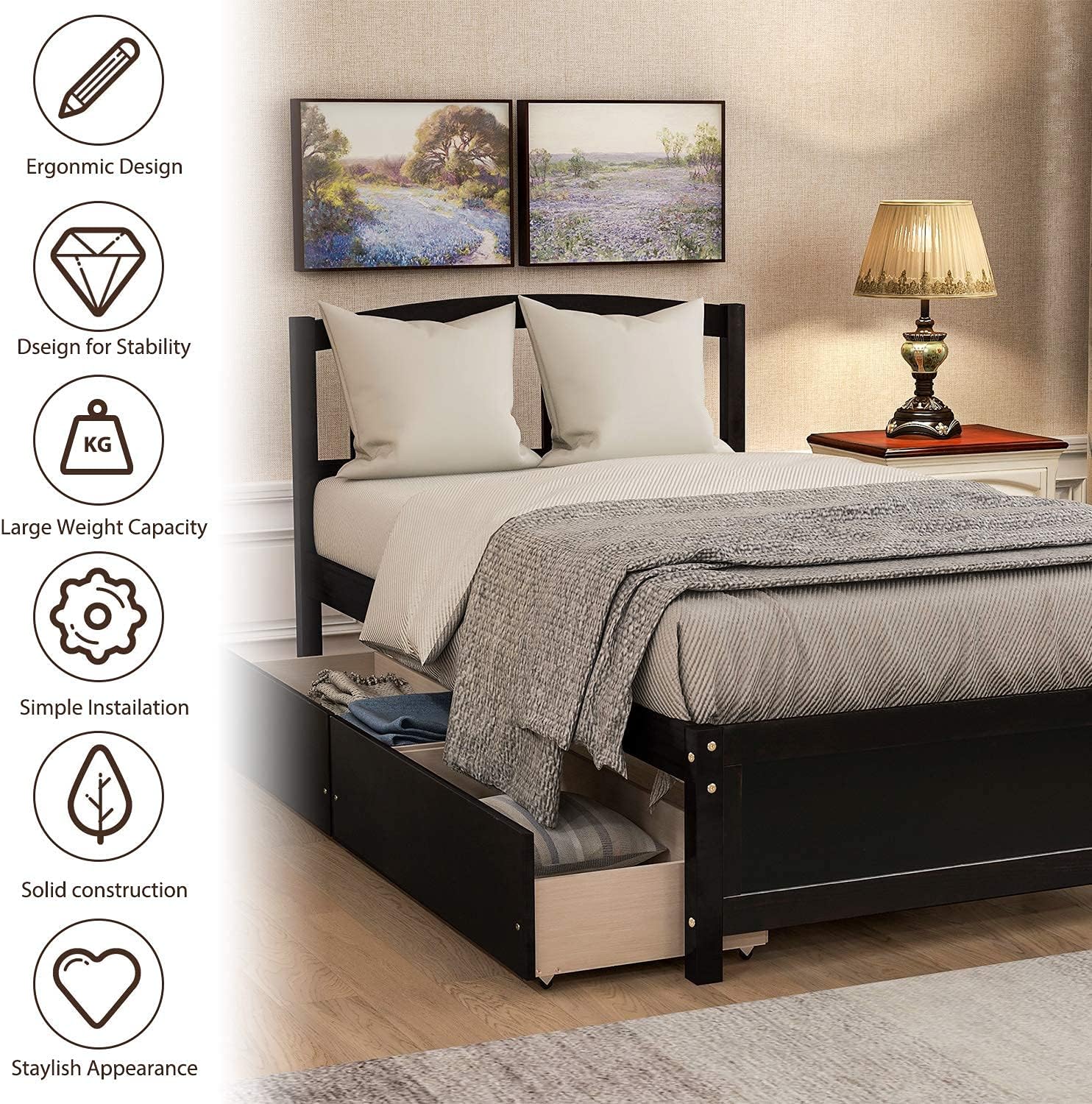 Harper & Bright Designs Wood Twin Size Platform Bed with Storage Drawers and Headboard for Saving Space, Vintage Bed Frame for Kids Boys Girls, No Box Spring Needed, Space Saving, Espresso