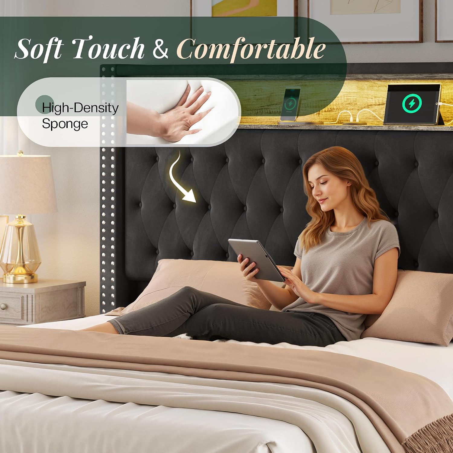 Jocisland 53.2'' King Size Bed Frame with Tall Storage Headboard, LED Lights & Charging Station, Velvet High Upholstered Button Tufted Wingback Platform Bed, No Box Spring Needed, Black