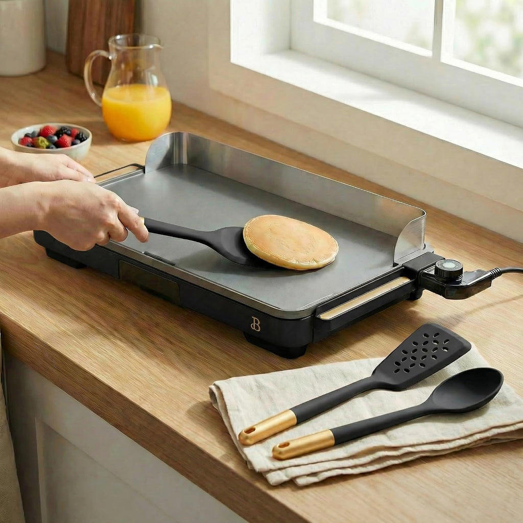 XL Electric Griddle 12' x 22' with Ceramic Nonstick Coating and Removable Heat Control with 3-Piece Silicone Spoon, Black Sesame Flat Top Electric Grill with Drip Tray and Backsplash