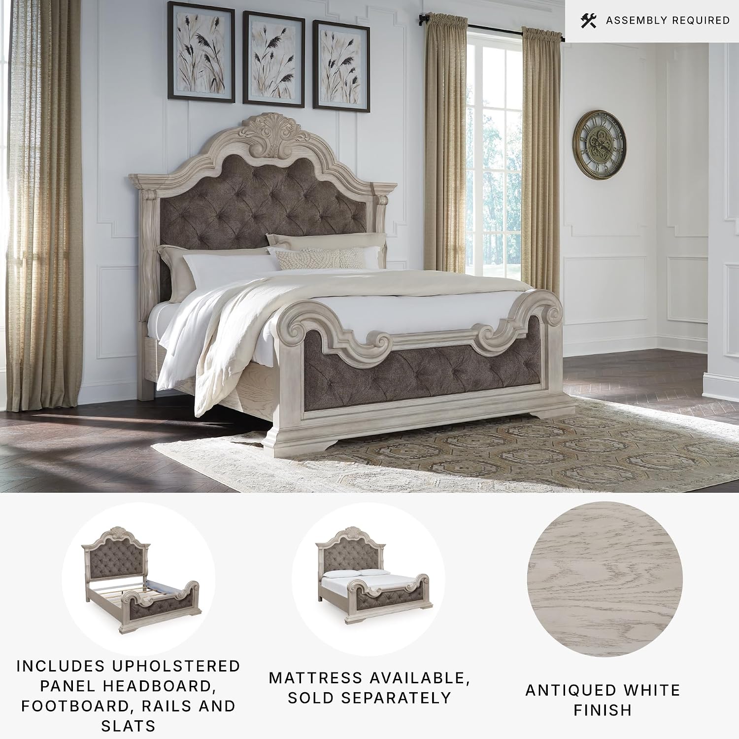 Signature Design by Ashley Andonhall Traditional Upholstered Panel Bed with Tufted Design, Foundation or Box Spring Needed, King, Beige
