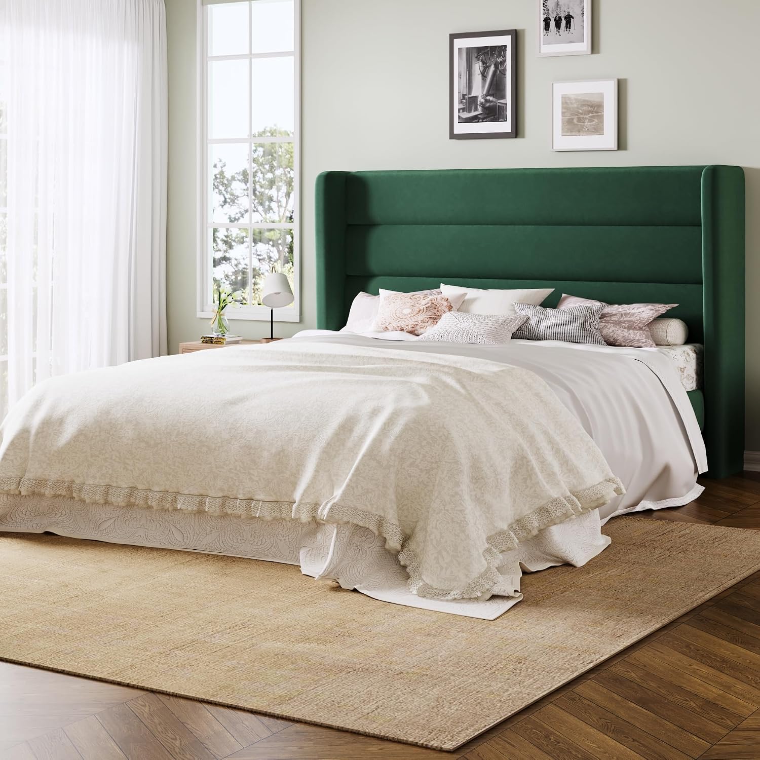 Allewie Full Size Platform Bed Frame with Velvet Upholstered Wingback Headboard, No Box Spring Needed, Under Bed Storage Space, Strong Wooden Slats, Modern Mattress Foundation, Easy Assembly, Green