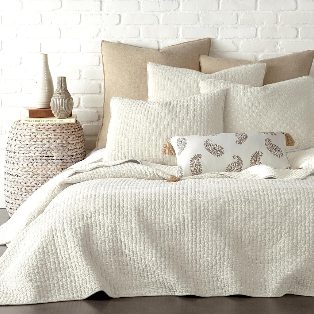 Levtex Home - Cross Stitch Quilt Set - 100% Cotton - King Quilt (106x92in.) + 2 King Shams (36x20in.) - Cream