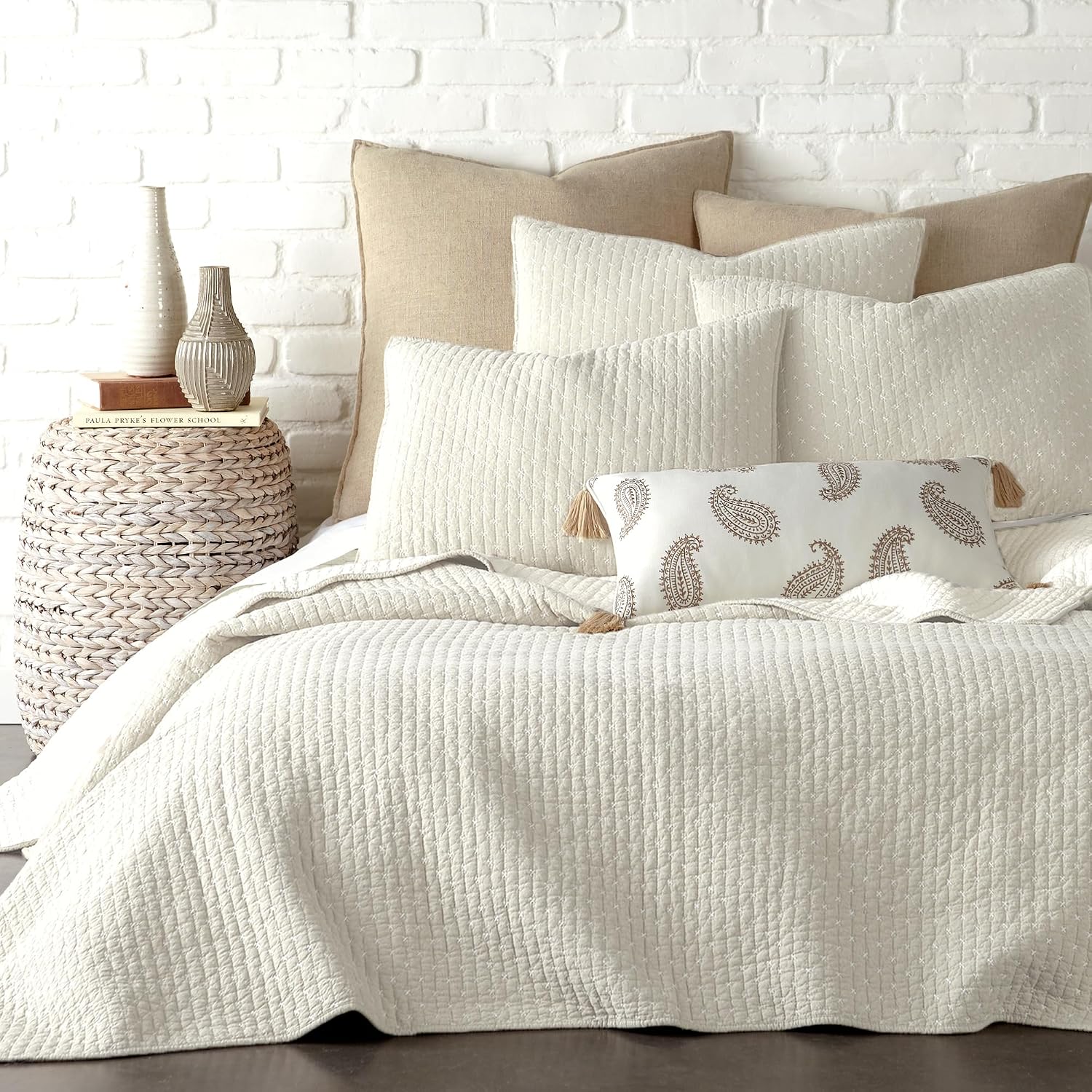 Levtex Home - Cross Stitch Quilt Set - 100% Cotton - King Quilt (106x92in.) + 2 King Shams (36x20in.) - Cream