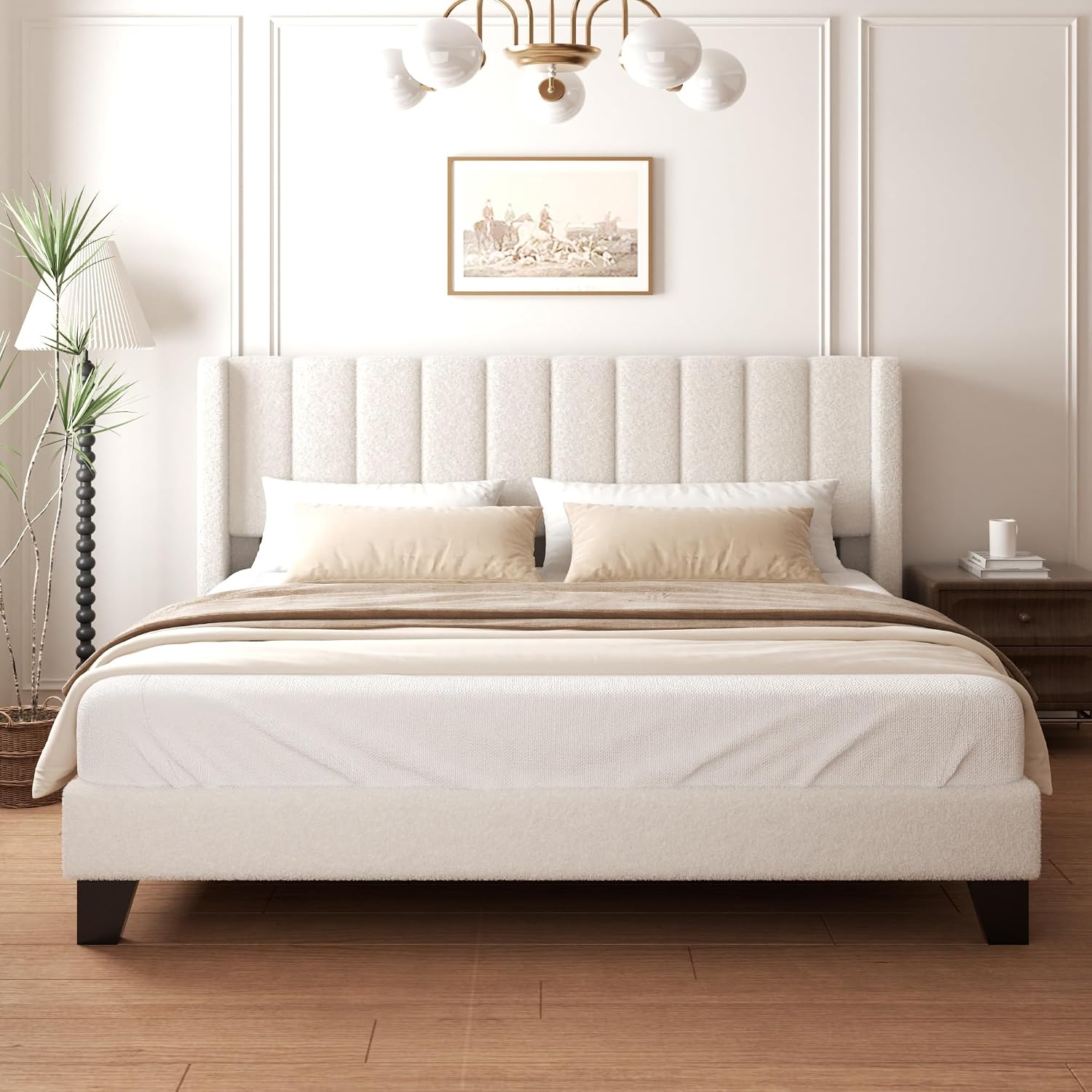 King Bed Frame with Headboard Upholstered Platform Bed Frame with Teddy Velvet Headboard, Wooden Slats Support/Wing Edge Design/No Box Spring Needed/Easy Assembly, Beige King