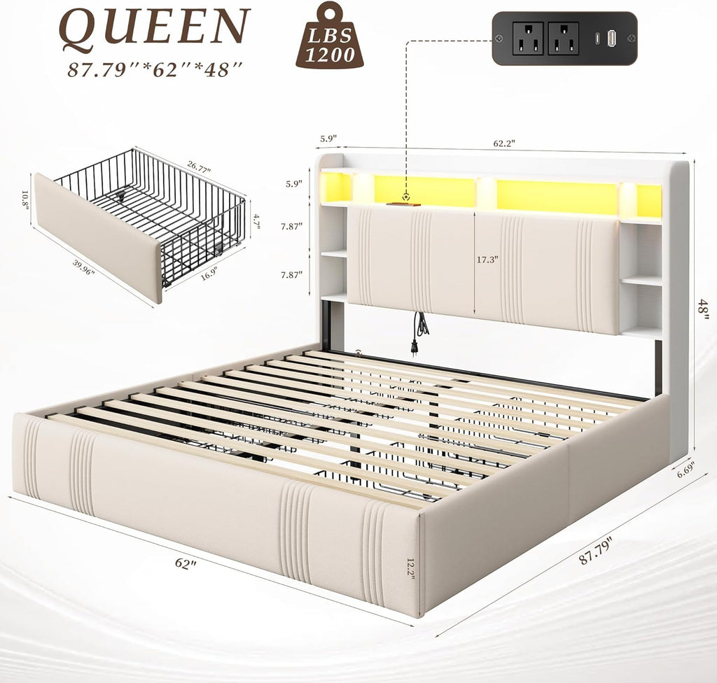 EnHomee Queen Bed Frame with 4 Storage Drawers and Headboard Shelf Upholstered Bed Frame Queen Size with LED & Charging Station, Noise Free No Box Spring Needed, Beige
