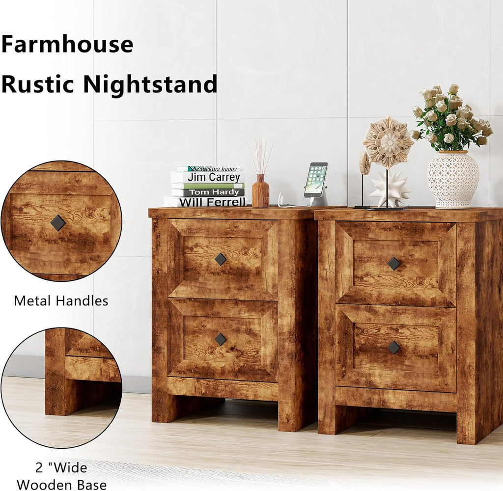 LUXOAK 3 Pieces Bedroom Sets, Includes King Size Lift Up Storage Platform Bed Frame, 2 Drawers Farmhouse Nightstand Set of 2 with Charging Station, No Box Spring Needed, Rustic Brown