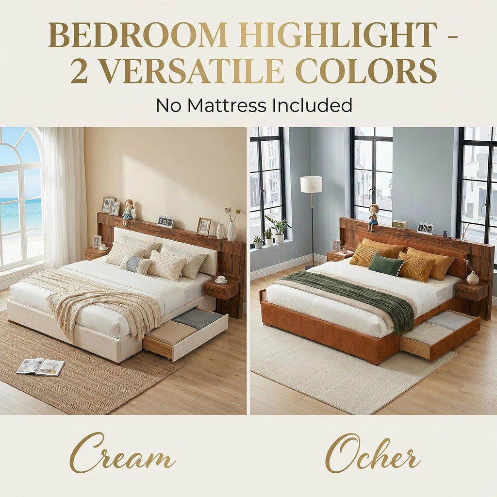 King Size Wood Bed Frame with Built-in Nightstands, Linen Platform Bed Frame with 2 Drawers, Natural Wood Grain & Luxury Upholstered Storage Headboard, No Box Spring Needed, Easy Assembly, Cream