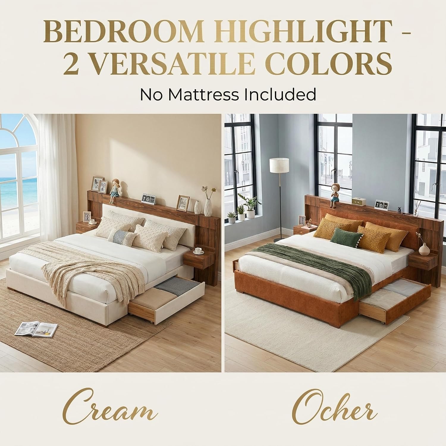 King Size Wood Bed Frame with Built-in Nightstands, Linen Platform Bed Frame with 2 Drawers, Natural Wood Grain & Luxury Upholstered Storage Headboard, No Box Spring Needed, Easy Assembly, Cream