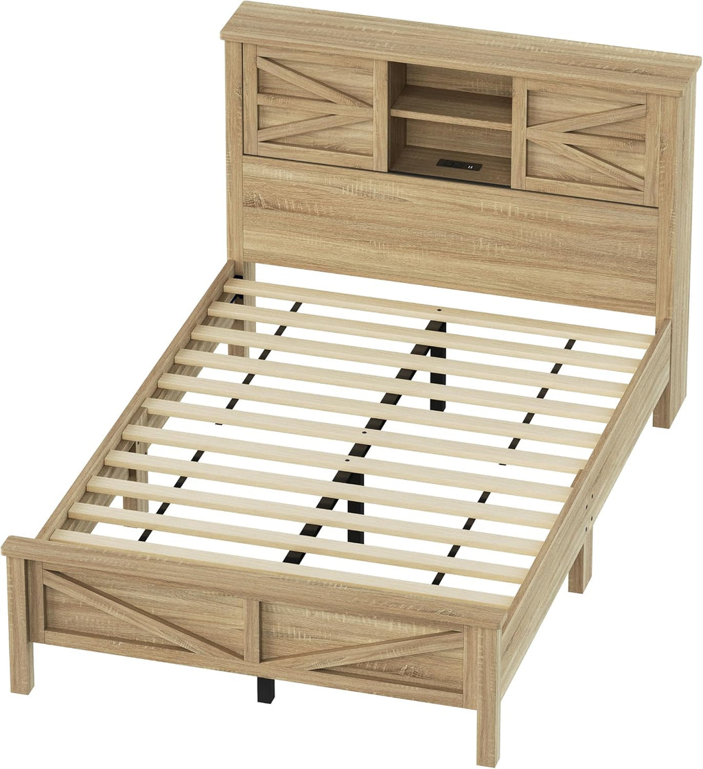 Farmhouse 3-Pieces Bedroom Sets, Full Size Platform Bed with a Nightstand and 6-Drawer Storage, Wood Platform Bed with Double Sliding Door Storage Headboard and Charging Station (Full)