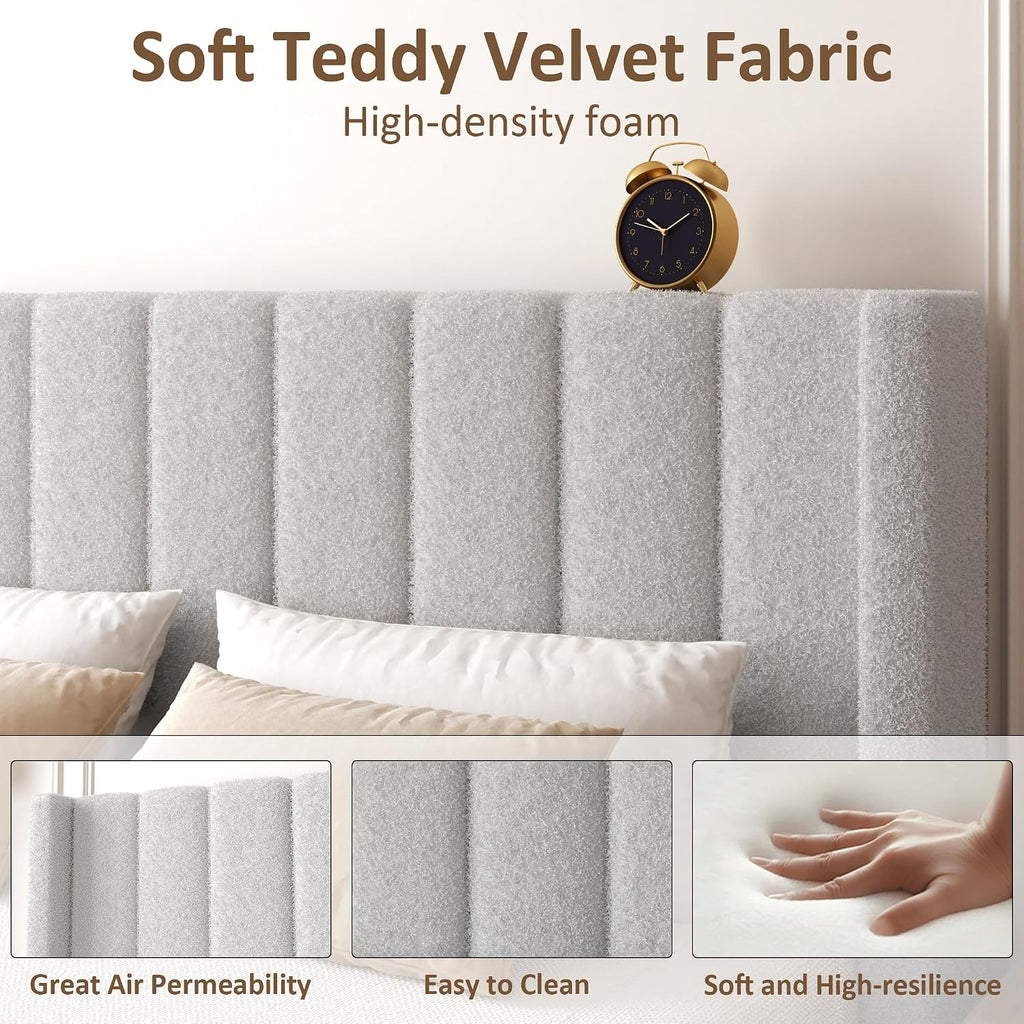 Full Bed Frame with Headboard Upholstered Platform Bed Frame with Teddy Velvet Headboard, Wooden Slats Support/Wing Edge Design/No Box Spring Needed/Easy Assembly, Grey Full