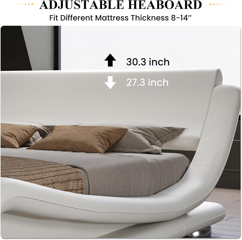 SHA CERLIN Queen Size Upholstered Bed Frame, Deluxe Low Profile Sleigh Bed with Faux Leather Ergonomics Headboard, No Box Spring Needed & Easy Assembly, White