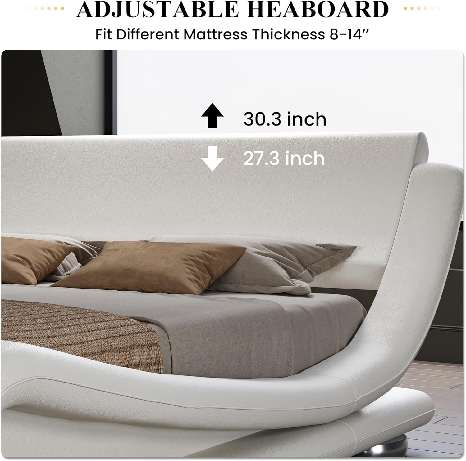SHA CERLIN Full Size Upholstered Bed Frame, Deluxe Low Profile Sleigh Bed with Faux Leather Ergonomics Headboard, No Box Spring Needed & Easy Assembly, White