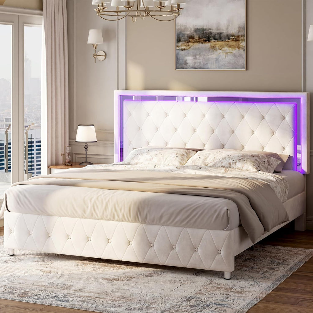 Jocisland Full Bed Frame with LED Lights Headboard&Footboard, Velvet Upholstered Full Size Platform Bed Frame No Box Spring Needed/Cream
