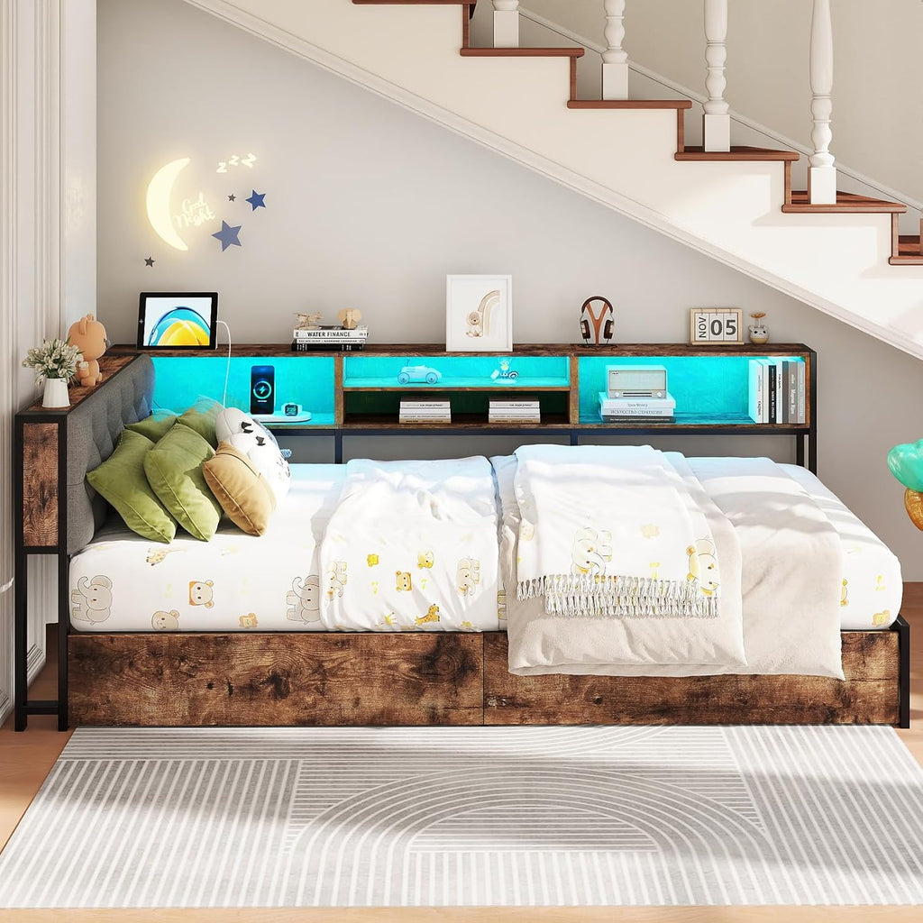 Doltoro Corner Bed Frame with Storage Bookcase and LED Lights Twin XL Platform Bed Frame with Upholstered Headboard and Charging Station, Twin XL Daybed with 2 Storage Drawers, Rustic Brown & Gray