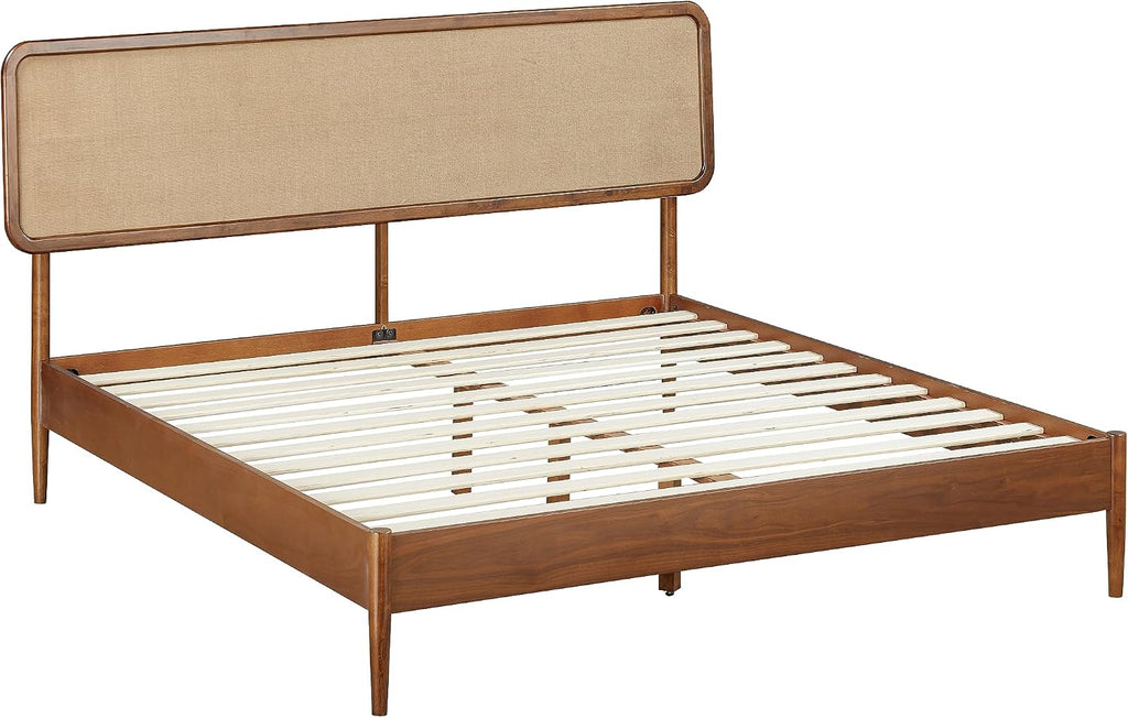 NTC Lupin Wooden Bed Frame with Headboard, Crafted from Walnut, Rubber Wood with Silent Slats and Wood Central Supports, 1000 Lb Capacity, Effortless Assembly, Queen - Dark Walnut