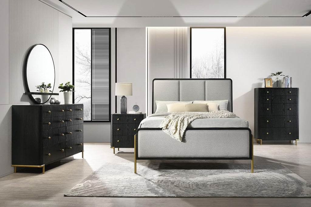 Coaster Home Furnishings Arini Coastal 5-Piece Bedroom Set Fabric Upholstered Eastern King Size Panel Bed Frame 56-inch Headboard Black and Grey 224331KE-S5