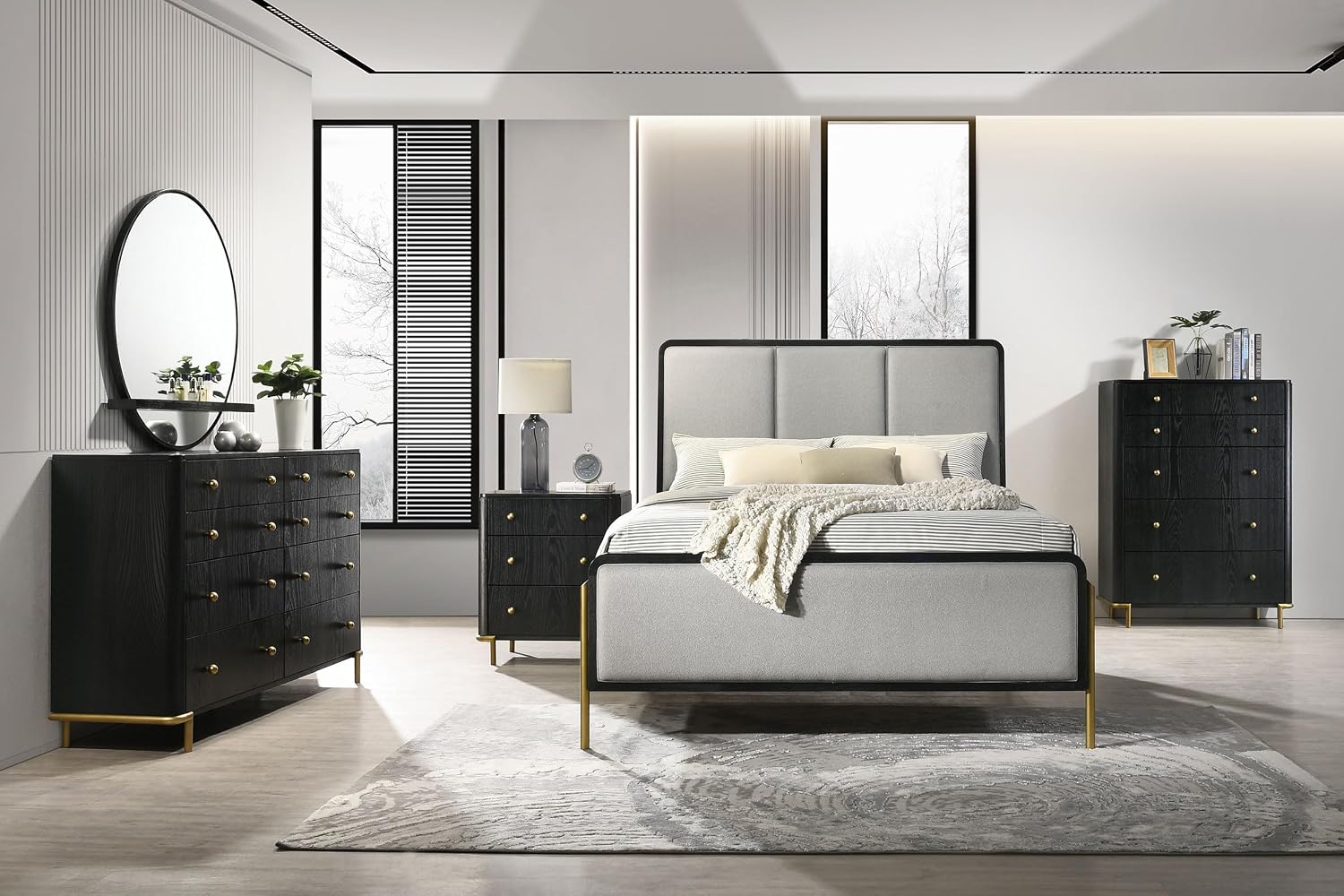 Coaster Home Furnishings Arini Coastal 5-Piece Bedroom Set Fabric Upholstered Queen Size Panel Bed Frame 56-inch Headboard Black and Grey 224331Q-S5