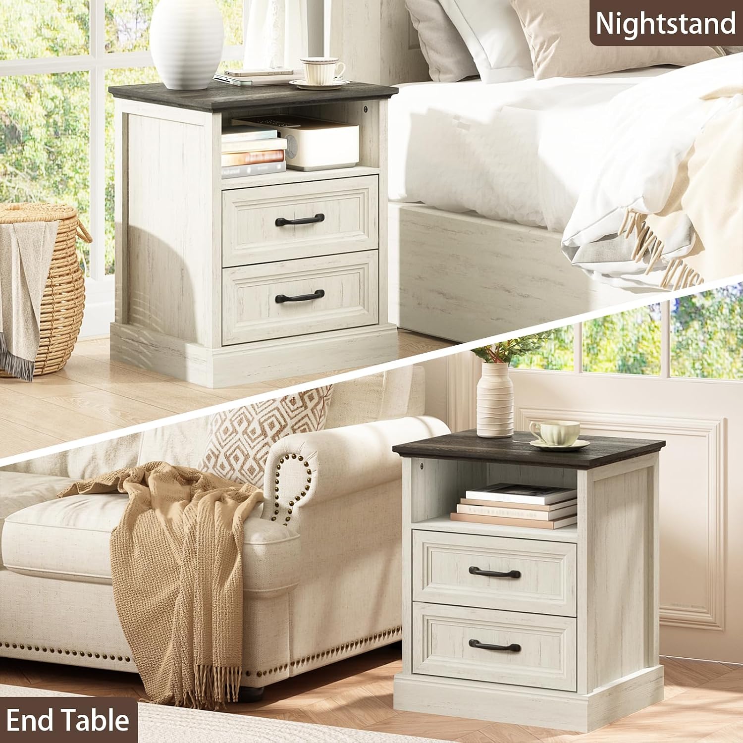 CARPETNAL Farmhouse Dresser and Nightstand Sets for Bedroom, 3 Pcs Bedroom Set, 7 Drawer Dresser & Nightstand Set of 2, Modern Wood Chest of Drawers for Bedroom, Living Room, Entryway, White