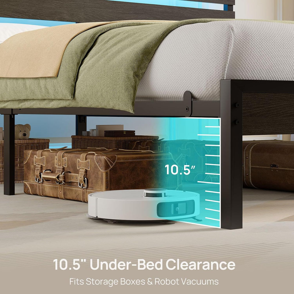 Rolanstar Bed Frame King Size with USB Charging Station, LED Bed Frame with Wood Storage Headboard, Black Metal Platform Bed with Under Bed Storage, No Box Spring Needed, Noise Free