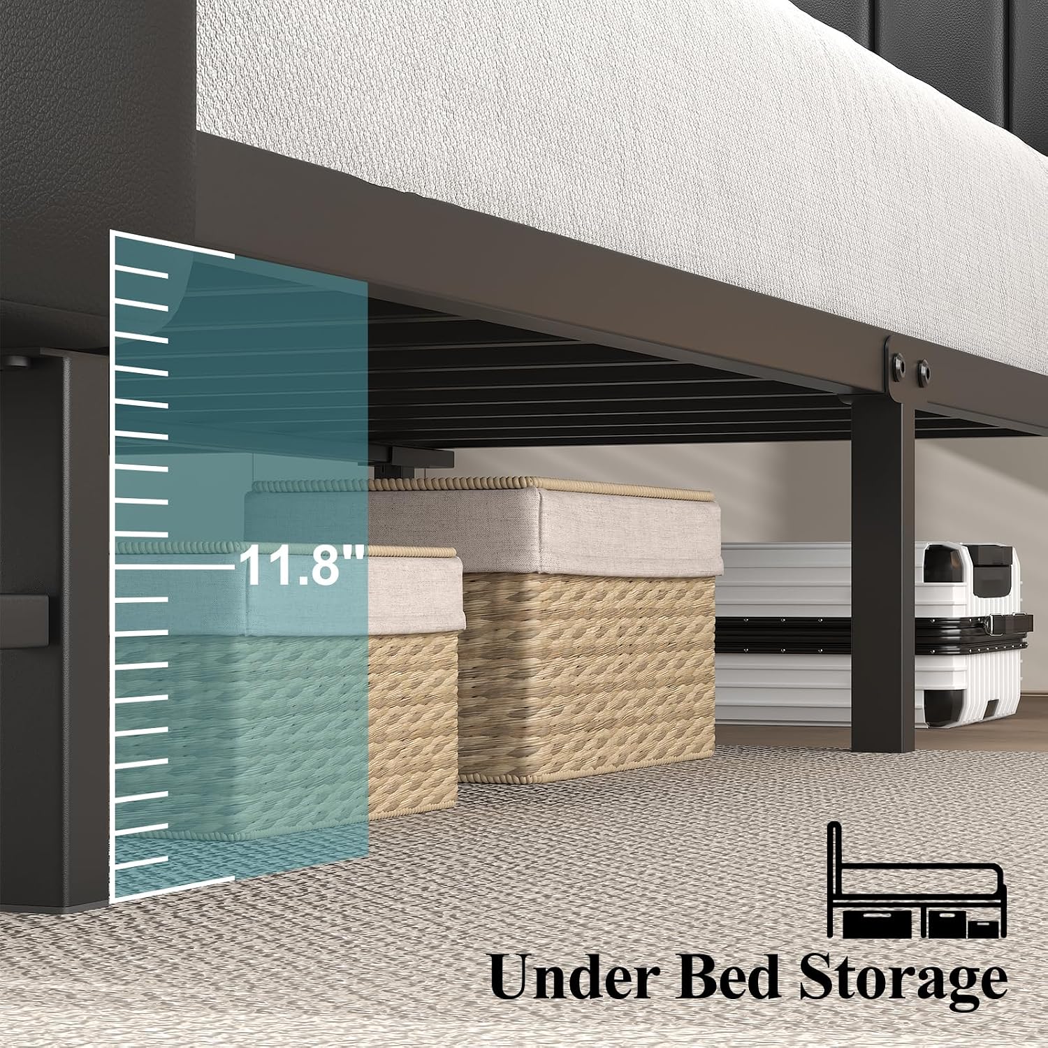 Queen Size Bed Frame with Star Projector & Charging Station, PU Leather Upholstered Platform with 2-Tier Storage Headboard & Storage Ottoman, Metal Support, Noise-Free, No Box Spring Needed, Black
