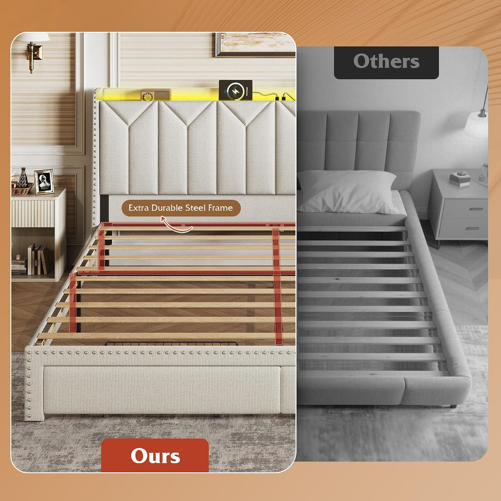 WLIVE King Size Upholstered Bed Frame with 2 Drawers, Storage Headboard Platform Bed with Charging Station and LED Light, Sturdy Metal & Wooden Slats Support, No Box Spring Needed, Beige