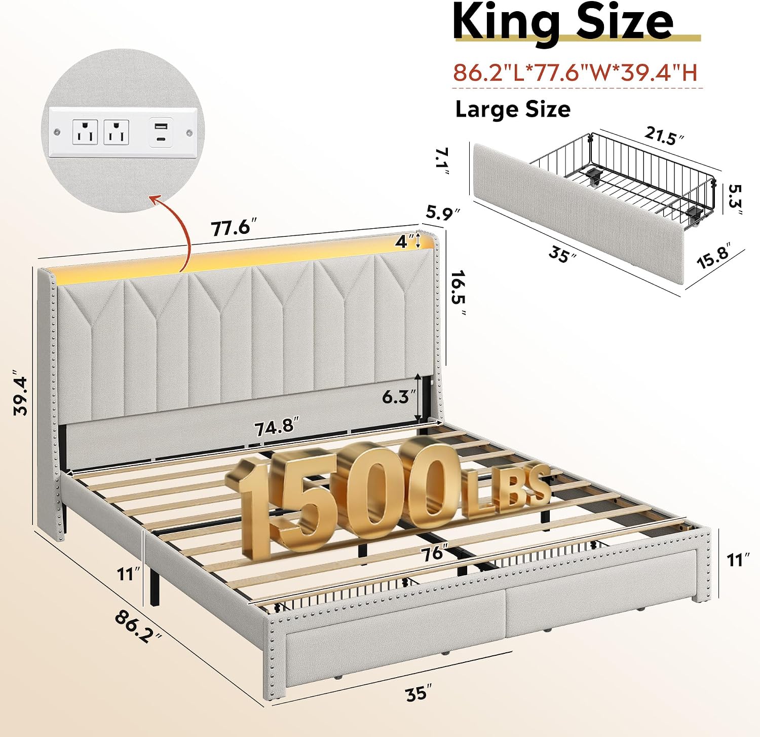 WLIVE King Size Upholstered Bed Frame with 2 Drawers, Storage Headboard Platform Bed with Charging Station and LED Light, Sturdy Metal & Wooden Slats Support, No Box Spring Needed, Beige