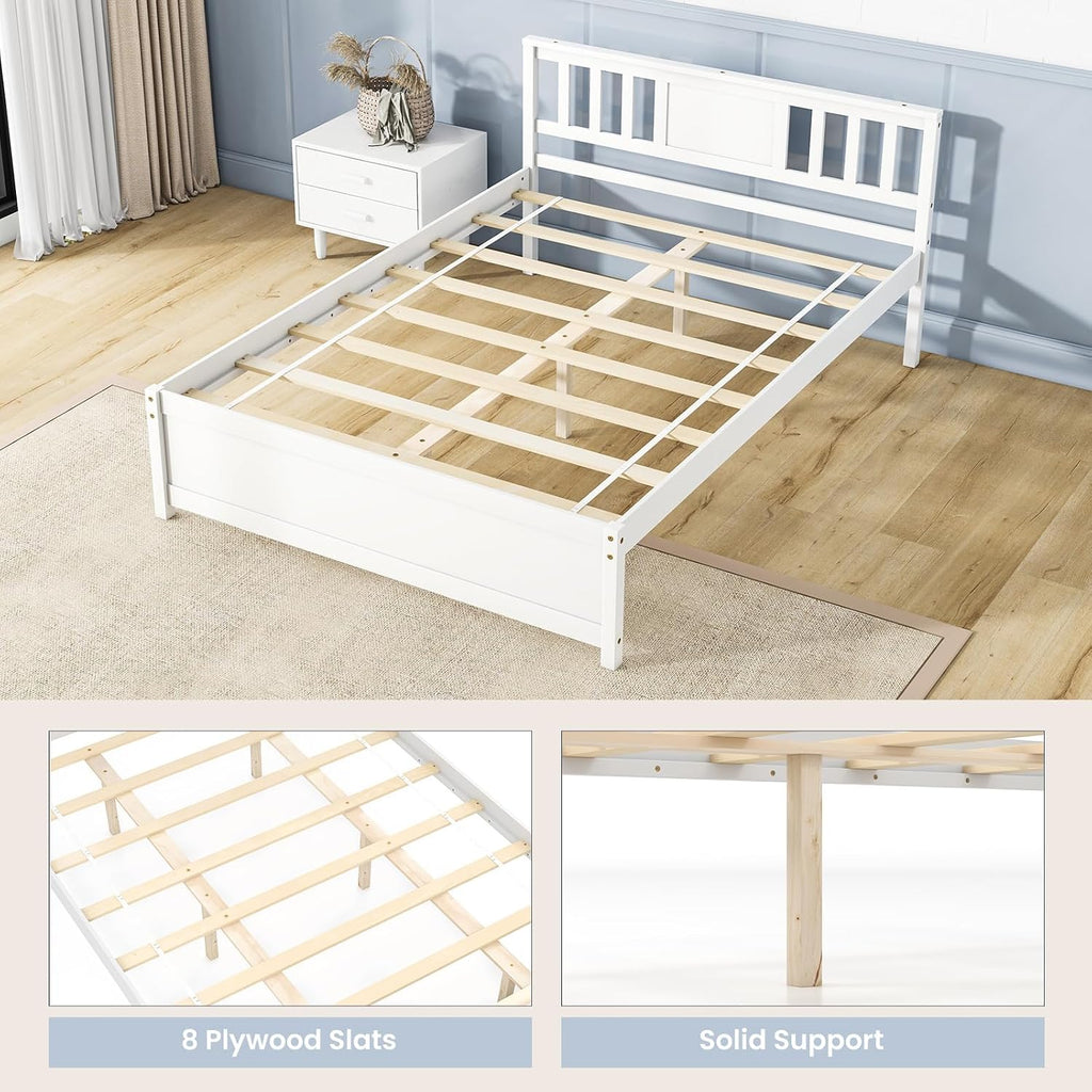 Giantex Full Size Solid Wood Platform Bed Frame, Mid Century Full Bed Frame with Headboard, Wood Slat Support, Double Panel Bed, No Box Spring Needed, Easy Assembly, White