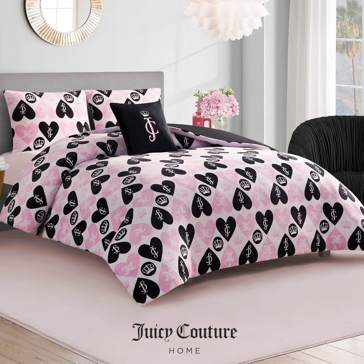 Juicy Couture Plush Reversible Queen Heart Logo 3-Piece Twin/Twin XL Comforter Set with Decorative Pillow, Pink