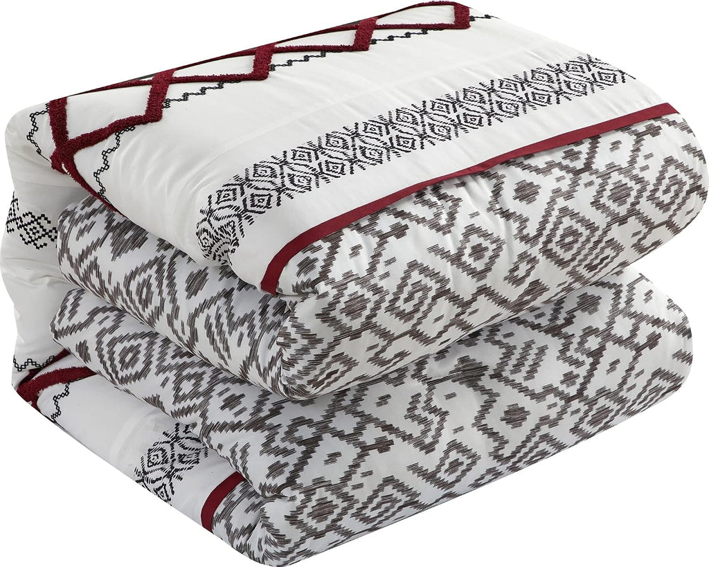 Grand Avenue White Red Comforter Set King Size, 7 Piece Terry Embroidery All Season Bedding Set, Bedskirt, Pillows & Shams