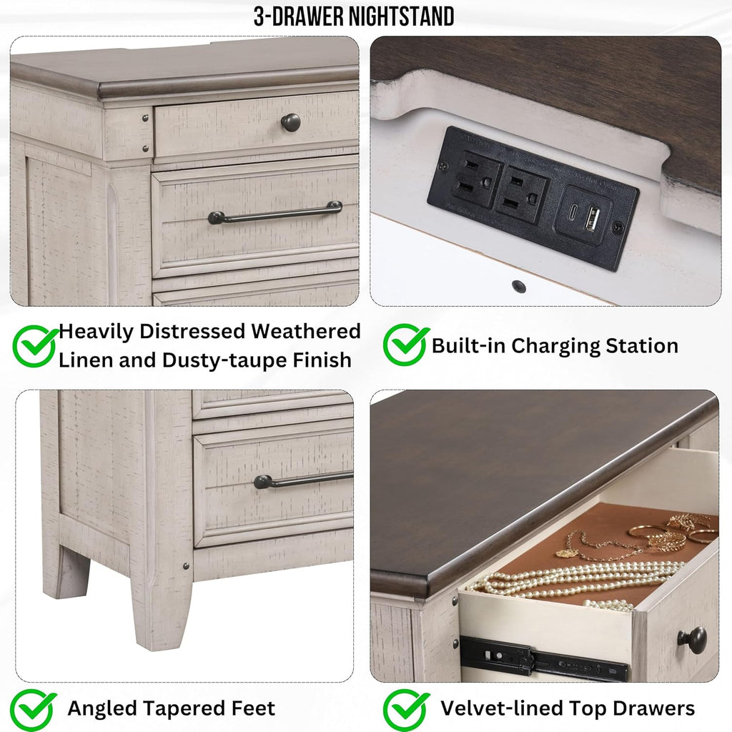 Roundhill Furniture Walcott 3-Piece Bedroom Set with Touch LED Lighting, Weathered Dusty-Taupe Finish, King