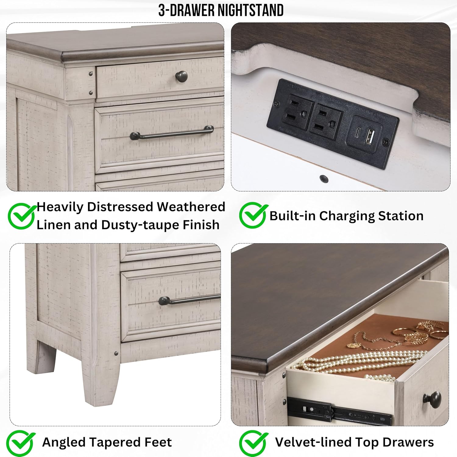 Roundhill Furniture Walcott 3-Piece Bedroom Set with Touch LED Lighting, Weathered Dusty-Taupe Finish, King