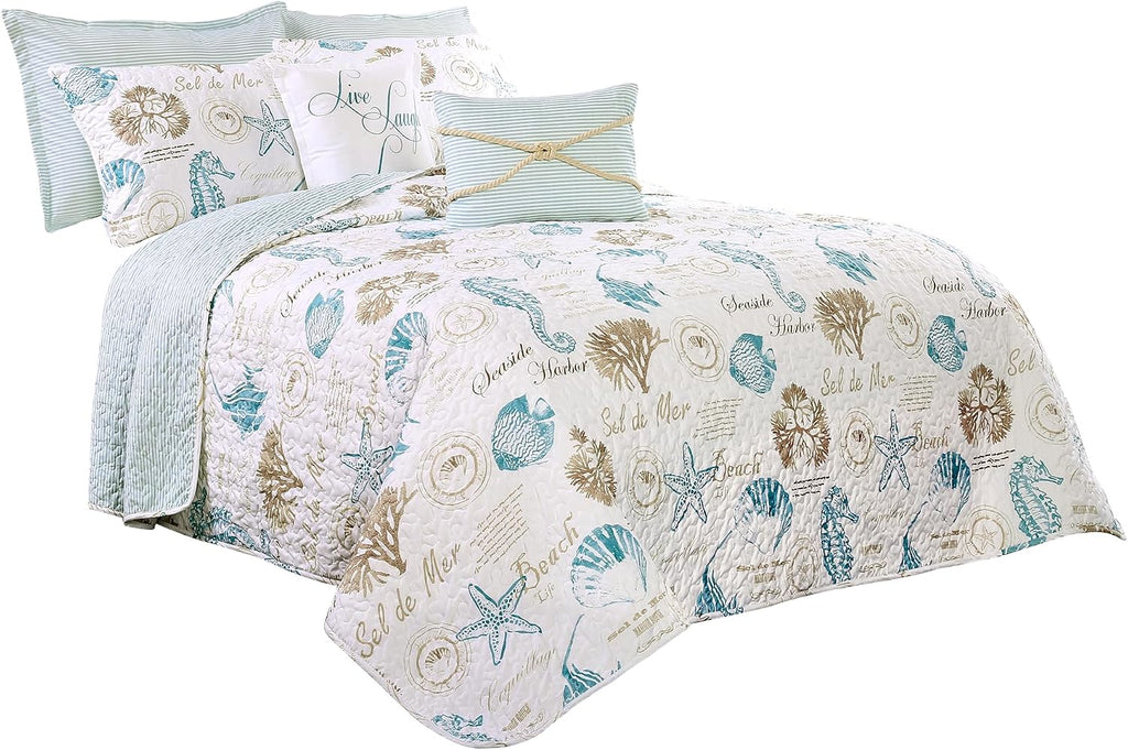 Lush Decor Harbor Life Reversible Quilt Set, 7 Piece Set, Full/ Queen, Blue & Taupe - Blue Quilt Queen Bedding Set - Coastal Decor - Nautical Bedding - Beach House