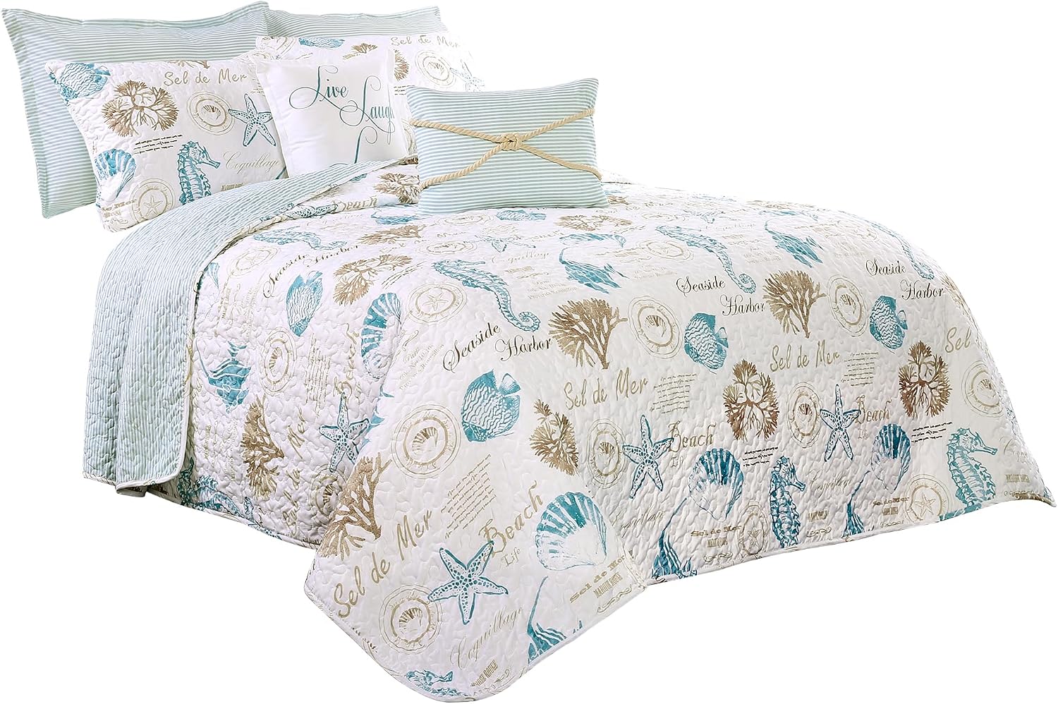 Lush Decor Harbor Life Reversible Quilt Set, 7 Piece Set, Full/ Queen, Blue & Taupe - Blue Quilt Queen Bedding Set - Coastal Decor - Nautical Bedding - Beach House