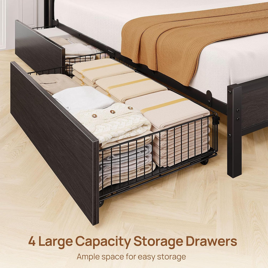 Rolanstar Bed Frame Queen Size with Charging Station and LED Lights, Upholstered Storage Headboard with Drawers, Heavy Duty Metal Slats, No Box Spring Needed, Noise Free, Easy Assembly, Dark Grey