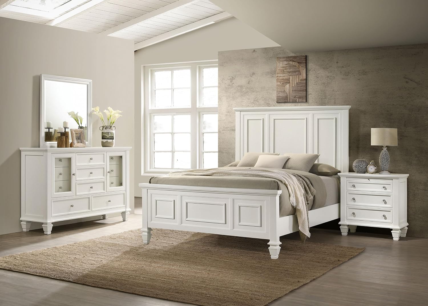 Coaster Home Furnishings Sandy Beach Coastal 4-Piece Bedroom Set Eastern King Size Panel Bed Frame 63-inch Headboard Cream White 201301KEN-S4