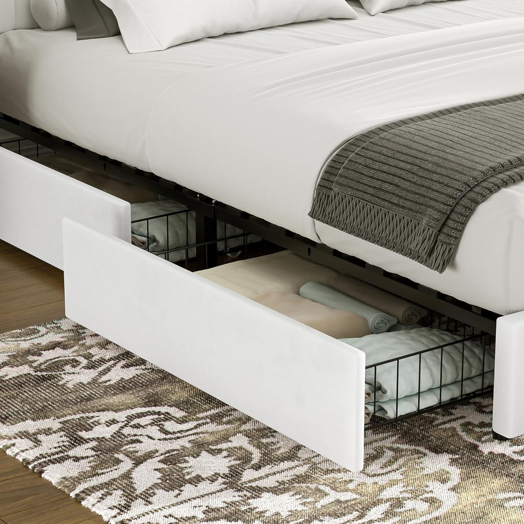 VECELO Full Size Upholstered Bed Frame with 4 Drawers and Headboard, Velvet Platform Storage Bedframe, Wooden Slats Support, No Box Spring Needed,White