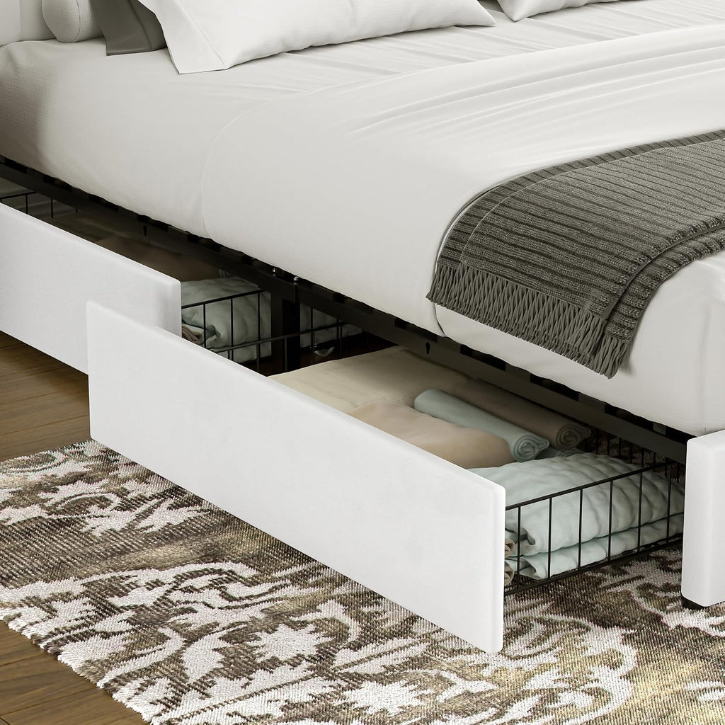 VECELO Queen Size Upholstered Bed Frame with 4 Drawers and Headboard, Velvet Platform Storage Bedframe, Wooden Slats Support, No Box Spring Needed,White