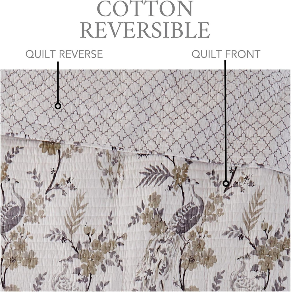 Levtex Home Pisa Reversible King Bedspread Set (120x106in) with 2 Pillow Shams (36x20in) - Floral Peacock - Grey, Taupe - Cotton King Size Bedspread Set - Soft, Pre-Washed