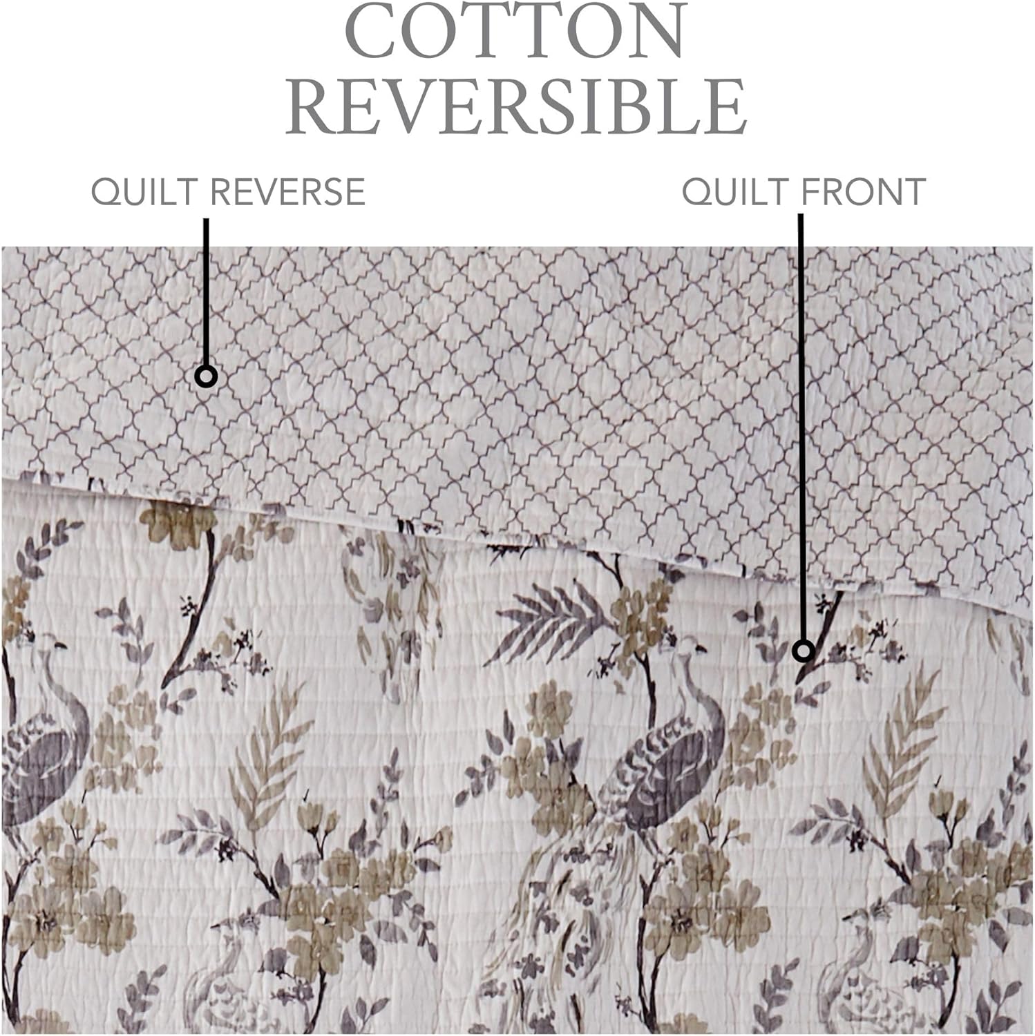 Levtex Home Pisa Reversible King Bedspread Set (120x106in) with 2 Pillow Shams (36x20in) - Floral Peacock - Grey, Taupe - Cotton King Size Bedspread Set - Soft, Pre-Washed