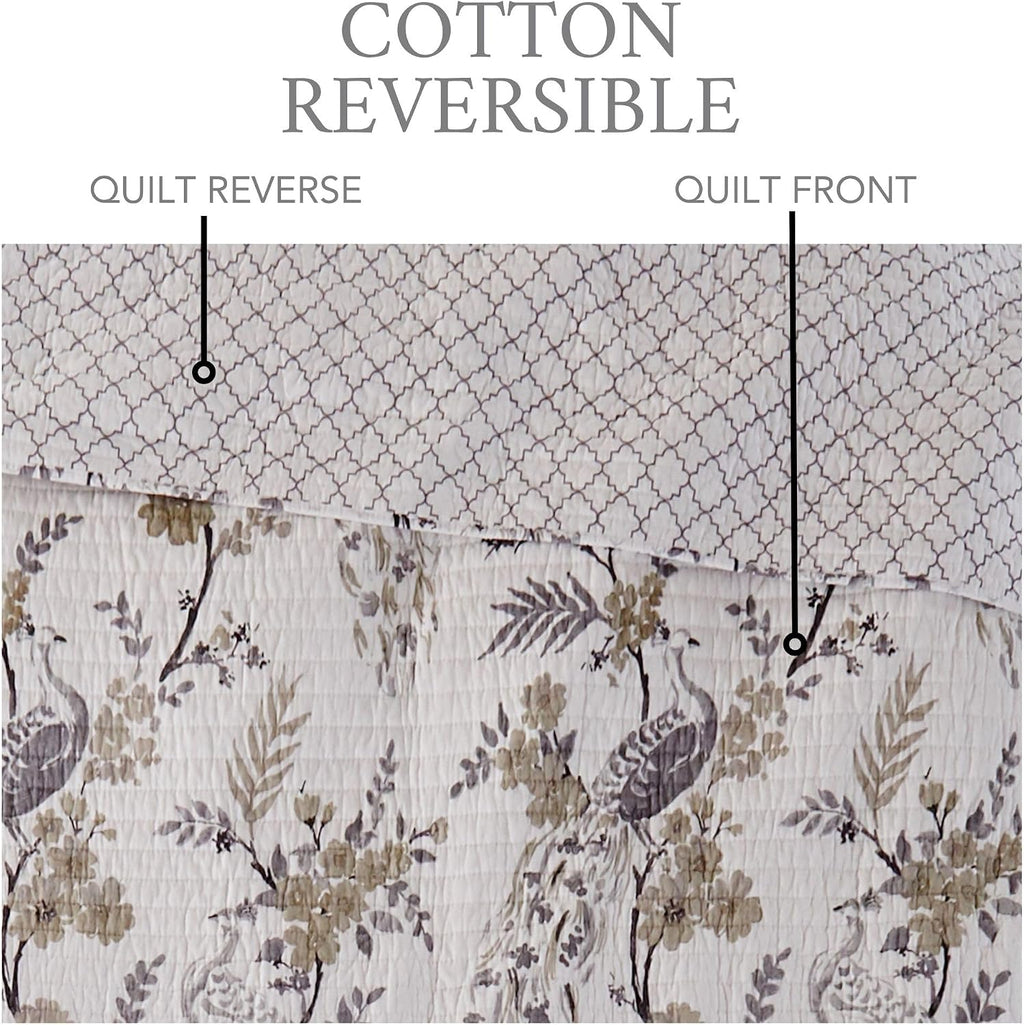 Levtex Home Pisa Reversible King/Cal King Quilt Set (106x92in) with 2 Pillow Shams (36x20in) - Floral Peacock - Grey, Taupe - 100% Cotton King Size Quilt Bedding Set - Lightweight, Soft, Pre-Washed